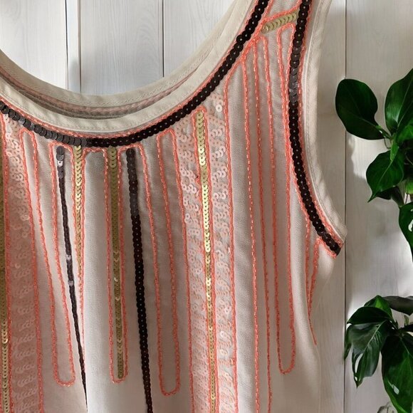 English Rose Sequin Sleeveless Blouse Asymmetrical Hemline White Pink Black Sz S - Picture 2 of 6